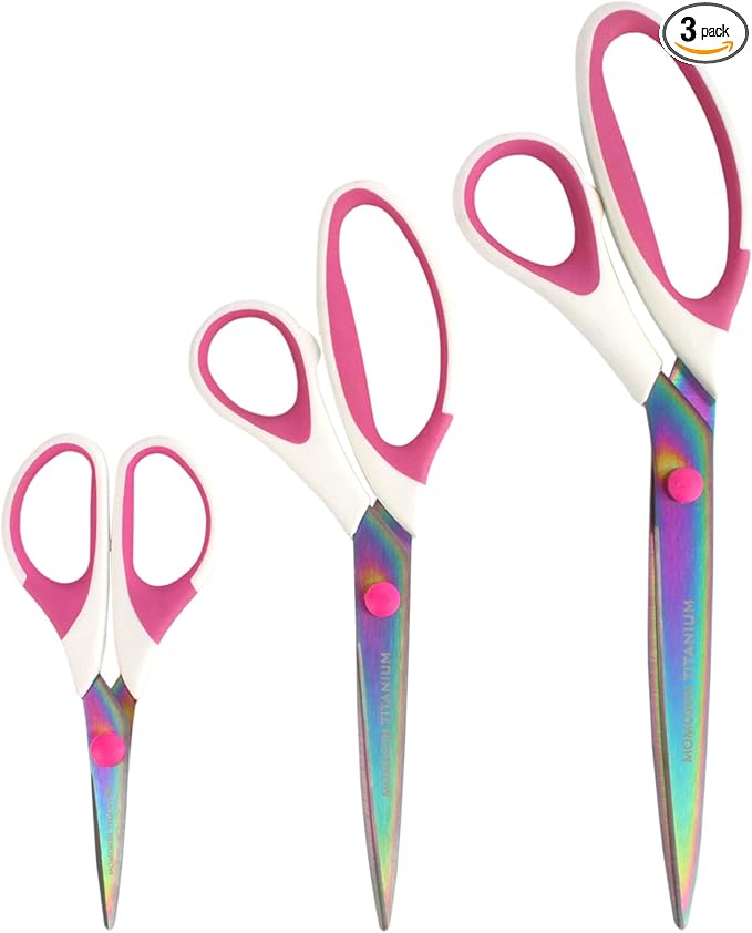 BambooMN Titanium Softgrip Scissors Set for Sewing, Arts, Crafts, Office - 1 set of 3 - White w/Pink Inlays