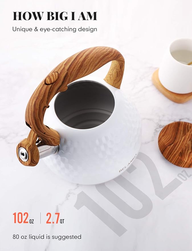 BELANKO 2.7 Quart Tea Kettle for Stovetop - Food Grade Stainless Steel with Diamond Texture, Designer Teapot Look, Cool-Touch Wood Pattern Handle, Whistling Spout - Gloss White