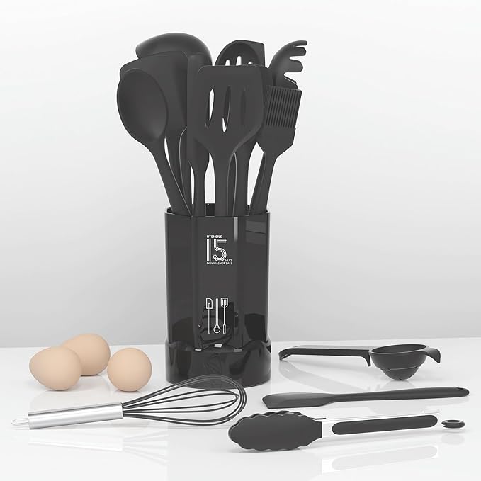 Silicone Cooking Utensils Set - 446°F Heat Resistant Kitchen Utensils,Spatula Sets,Turner Tongs,Spoon,Kitchen Utensil Gadgets Tools Set for Nonstick Cookware,Dishwasher Safe BPA Free (Gray)
