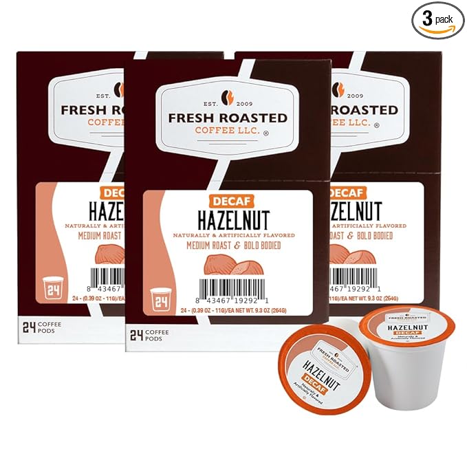 Fresh Roasted Coffee, Decaf Hazelnut, Flavored Coffee Pods, 72 Count