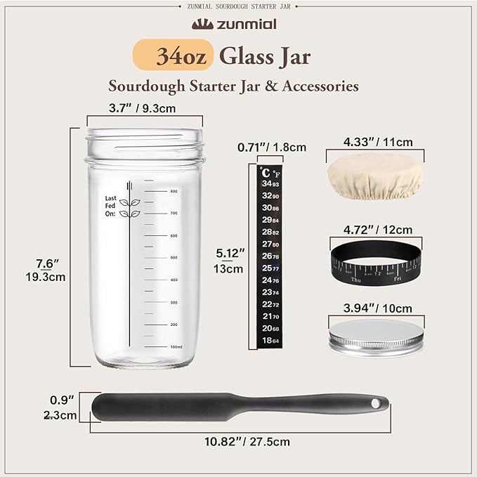 Sourdough Starter kit, 34OZ Sourdough Starter Jar with Date Marked Feeding Band, ThermometerCloth Cover & Metal Lid, Reusable Sourdough Bread Baking Supplies, Home Baking Gifts