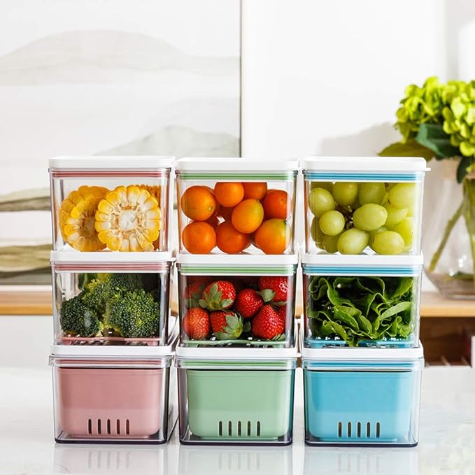 Lille Home Stackable Produce Saver, Organizer Bins/Storage Containers with Removable Drain Tray, Set of Three, for Refrigerators, Cabinets, Countertops and Pantry, BPA Free (Blue,Set of Three)