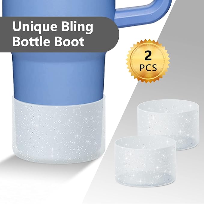 WUQID 2 Pack Bling Silicone Boot Compatible with Stanley Quencher Adventure 40oz & Stanley IceFlow 20oz 30oz, Reduces Dents Protective Silicone Water Bottle Bottom Cover Sleeve