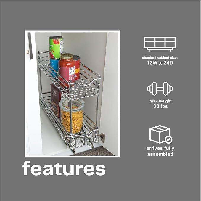 Household Essentials Glidez Multipurpose Chrome-Plated Steel Pull-Out/Slide-Out Storage Organizer for Under Cabinet Use - 2-Tier Design - Fits Standard Size Cabinet or Shelf, Chrome
