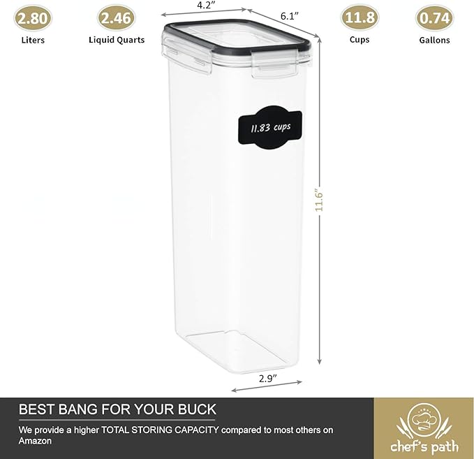 Chef's Path Airtight Food Storage Containers (Set of 4, 2.8L) - Tall for Pantry & Kitchen Organization, Pasta, Spaghetti, Noodles, Cereal - Lids, Noodle Measure and Reusable Labels Included