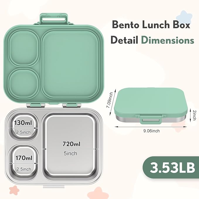 Stainless Steel Bento Box Kids, Leak Proof Metal Bento Lunch Box,3 Compartments 304 Stainless Steel Bento Lunch Containers for School and Office, BPA-Free(Green)