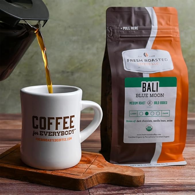 Fresh Roasted Coffee, Organic Bali Blue Moon | USDA Organic, Kosher | Medium Roast 12 oz Whole Bean