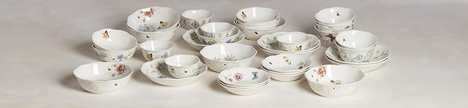 Lenox Pasta Bowls, 20oz Butterfly Meadow Pasta Bowl Set of 4, Service For 4, Porcelain, White Serving Bowls, Wide, Shallow, Lenox Butterfly Meadow Collection, Dishwasher/Microwave Safe (White 4-Piece)