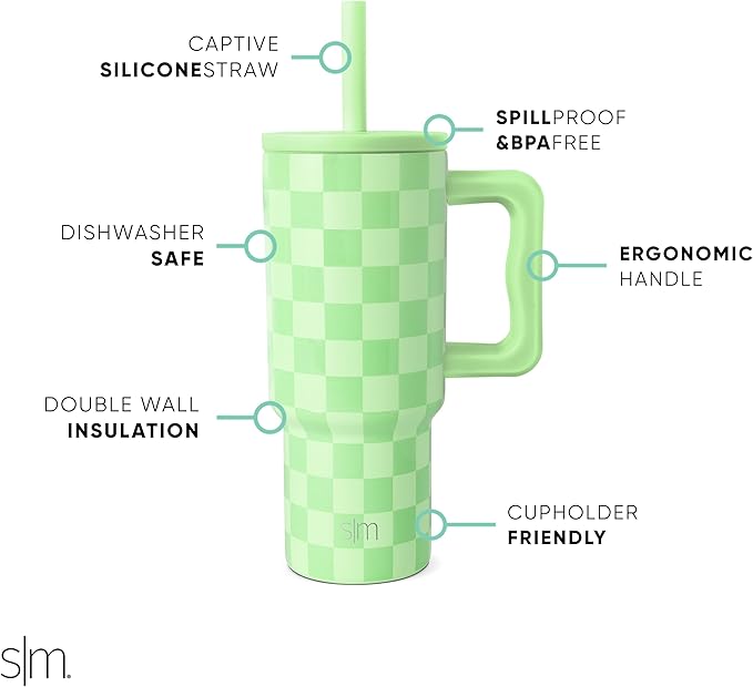 Simple Modern Kids 24 oz Tumbler with Handle and Silicone Straw Lid, Spill Proof & Leak Resistant, Reusable Stainless Steel Bottle, Trek Collection, Lime Checkmate (Pack of 12)