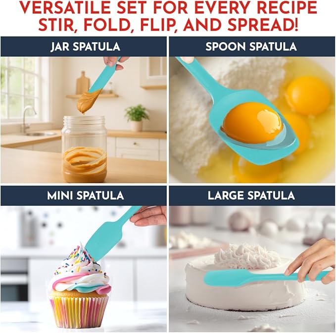 4-Piece Aqua Baking Spatula Set - Holiday Baking Essentials, Rubber Spatulas Silicone Heat Resistant, BPA-Free - Spatula Set for Nonstick Cookware - Silicone Baking Utensils