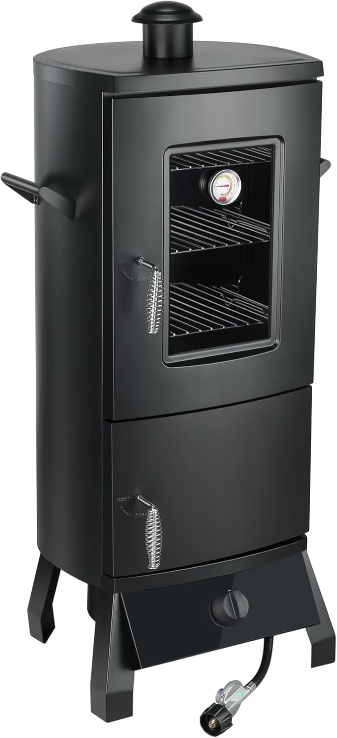 Propane Smoker with Cover, Vertical Meat Gas Smoker Grill Outdoor Heavy Duty 3 Removable Smoking Racks, Black
