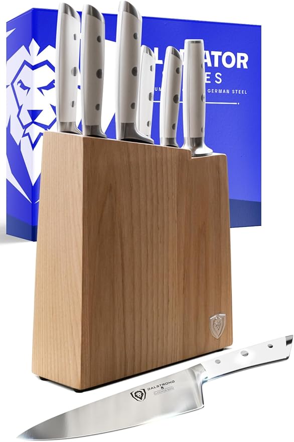 DALSTRONG Knife Set Block - 8 Piece - Gladiator Series - German High Carbon Steel Kitchen Set - Premium Food-Grade White ABS Polymer Handles - NSF Certified