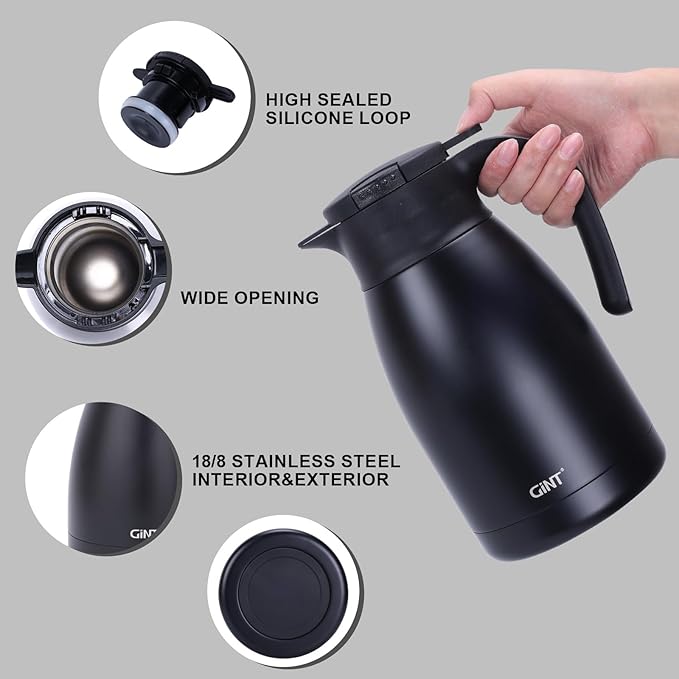 GiNT 51Oz Stainless Steel Thermal Coffee Carafe with Lid/Double Walled Vacuum Thermal Carafe / 12 Hour Heat Retention (Black, 1.5L)