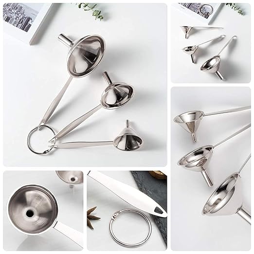 3 in 1 Metal Funnels for Filling Bottles Stainless Steel Small Kitchen Funnel Set for Transferring Essential Oils Liquid Fluid Spice Dry Ingredients Powder, Durable and Dishwash Safe
