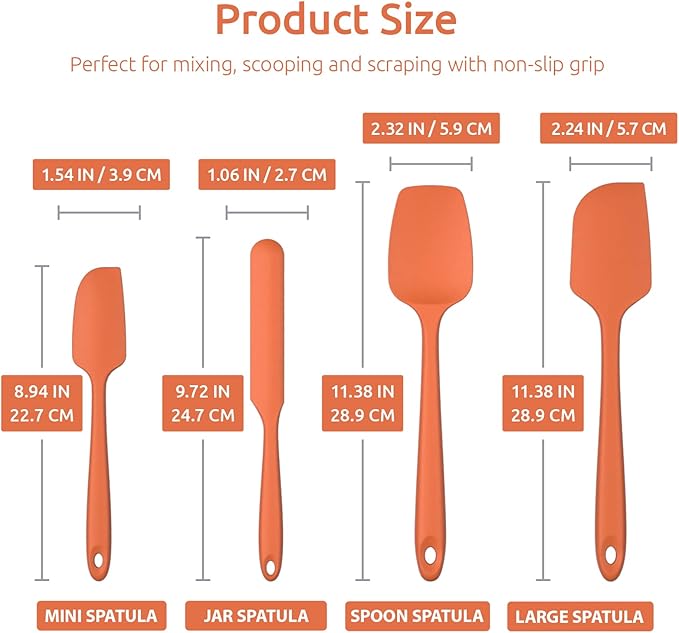 Heat Resistant Silicone Spatula Set: U-Taste 600ºF High Temp Seamless Food Grade Utensil, Flexible Rubber Silicon Kitchen Cooking Mixing Baking Scraper for Nonstick Cookware Set of 4 (Orange)