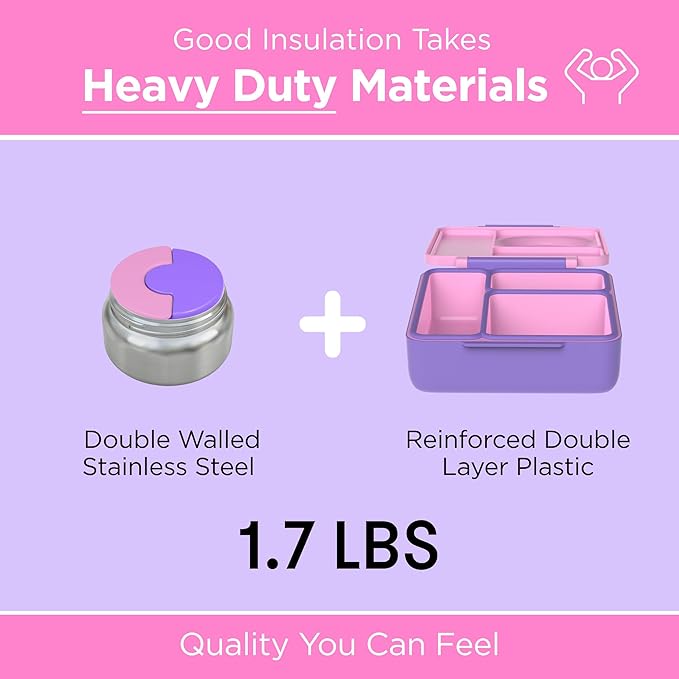 OmieBox Bento Box for Kids - Insulated Bento Lunch Box with Leak Proof Vacuum Insulated Food Jar - 3 Compartments, Two Temperature Zones (Unicorn Pink)
