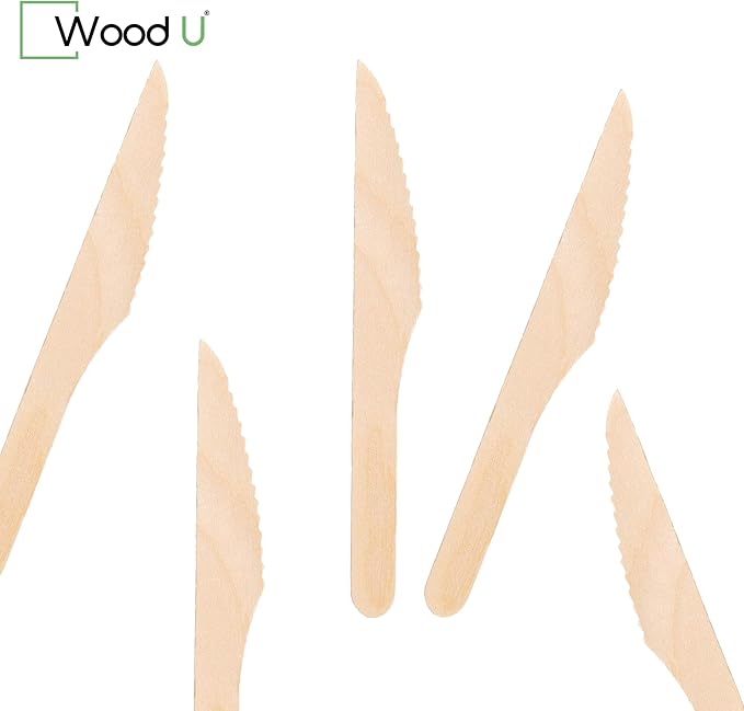 WoodU Disposable Wooden Knives 100% All-Natural, Eco-Friendly, Biodegradable, and Compostable - Pack of 200-6.5" Knife