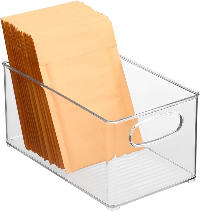 mDesign Plastic Home Office Organizer - Basket Storage Holder Bin with Handles for Desk, Cupboard, Cabinet, or Rolling Cart Shelves - Holds Notebooks, Files - Ligne Collection - 4 Pack - Clear