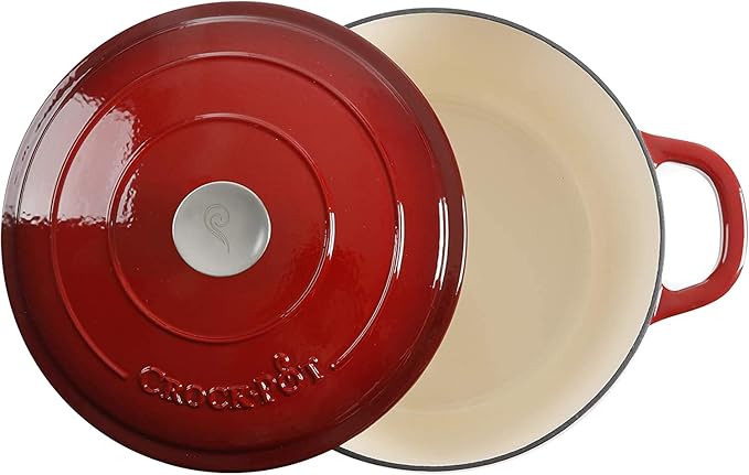 Crock-Pot Artisan 7-Quart Round Enameled Cast Iron Dutch Oven – Scarlet Red, Heavy-Duty Cookware for Slow Cooking, Baking, Roasting with Lid