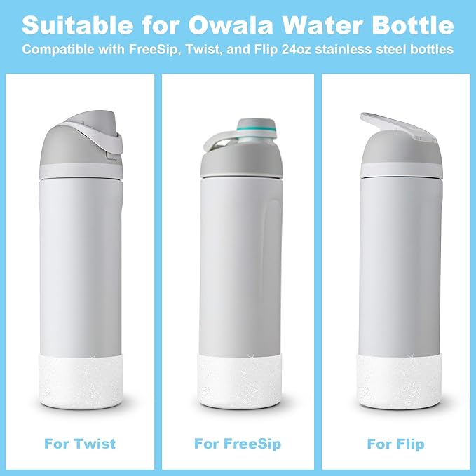 2PCS Silicone Water Bottle Boot for Owala 24oz, Protective Bottom Bumper Anti-Slip Sleeve for FreeSip, Twist, and Flip Stainless Steel Bottles, Dishwasher Safe and BPA Free(Shiny Silver)