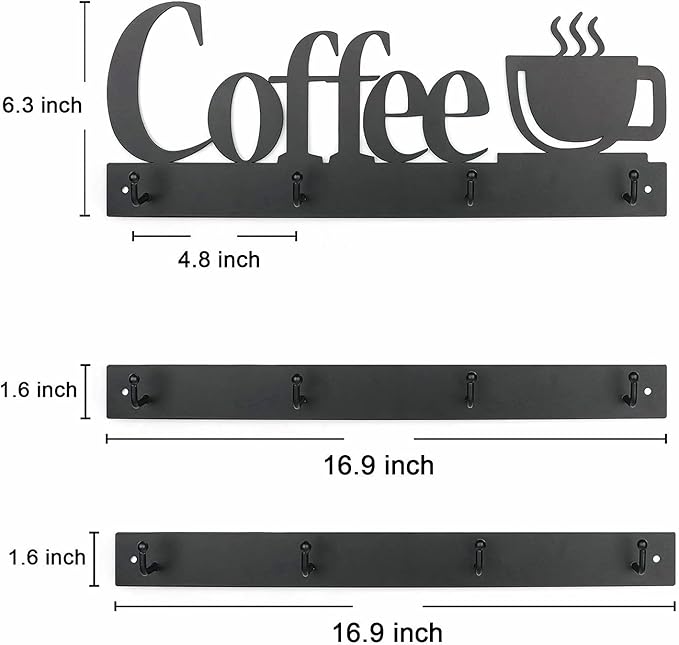 HULISEN Coffee Mug Wall Rack, Coffee Cup Holder Wall Mounted with 12 Heavy Duty Hooks and Metal Coffee Sign, Rustproof Tea Cup Hanger Display Decor for Coffee Bar, Kitchen, Office