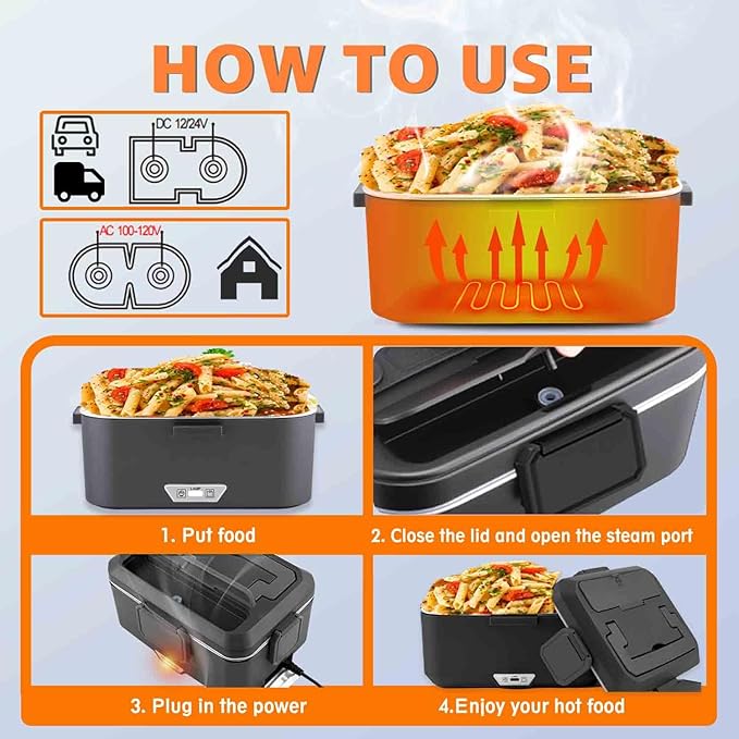 Nifogo Electric Lunch Box for Adults 2.5L 80W Portable Heated Lunch Box for Men 3 in 1 Portable Food Warmer 110V/12V/24V Removable Stainless Steel Container & Big Bag(2.5L-Black)