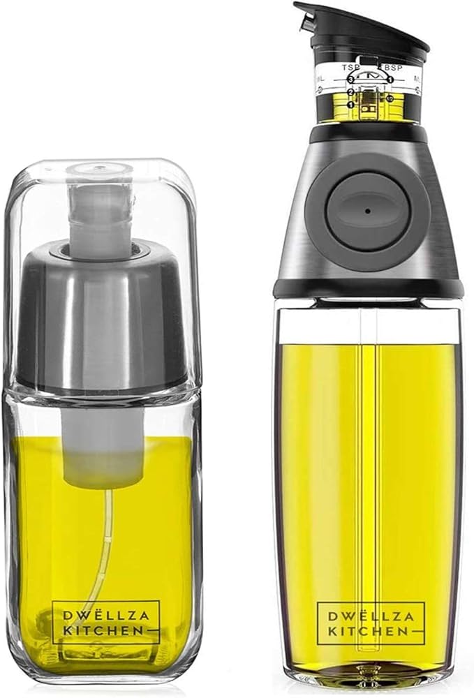 DWËLLZA KITCHEN Olive Oil Dispenser Bottle For Kitchen & Sprayer For Cooking - 2 In 1 Glass 17 Oz. Cooking Oil/Syrup Dispenser With Measurements & 6 Oz. Spray Bottle Set