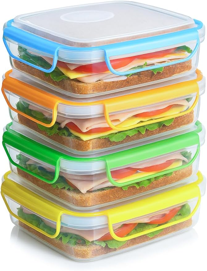 Snap Fresh - 4 Pack of Fun Size Sandwich Containers (450 ml) - Reusable, BPA Free Plastic, Snap & Lock Shut Lids and Silicone Seal. Great for Fruit, Salad, Lunch Box Snacks and Food Storage.