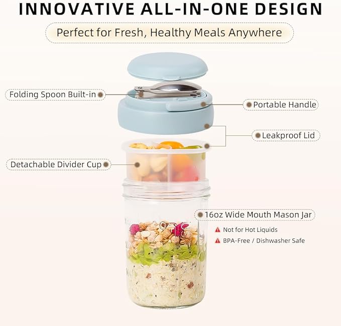 4 Pack Overnight Oats Containers with Lids and Handles, Folding Spoons & Divided Compartments for Fruit & Nuts, 16oz Glass Mason Jars for Oatmeal, Meal Prep & Breakfast (Cream/Blue/Gray/Pink)