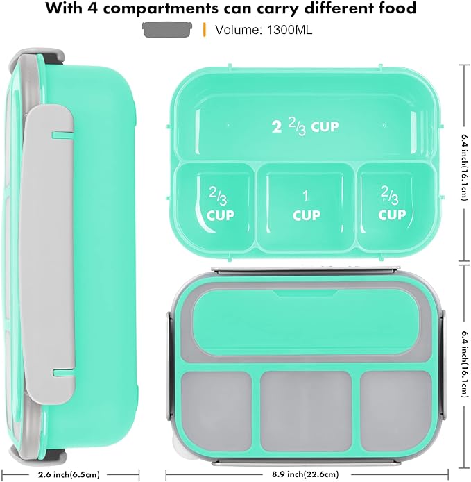 Bento Box, 1300ML Adult & Kids Lunch Box with 4 Compartment & Food Picks, Cake Cups, Leak-Proof, Microwave/Dishwasher/Freezer Safe (Green)