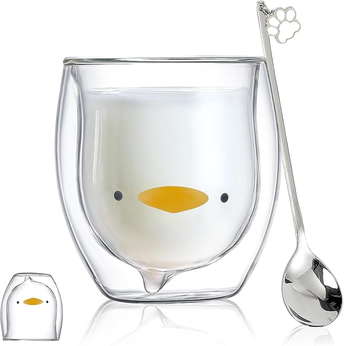 Duck Mug Cute Mugs Glass Double Wall Insulated Glass Espresso Cup, Coffee Cup, Tea Cup, Milk Cup,Kawaii Gift for Office and Personal Birthday Christmas (Duck)