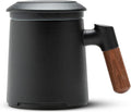 ZENS Tea Cup with Infuser and Lid for Loose Leaf Tea Steeper, 12oz Black Ceramic Tea Mug with Wood Handle for Tea Lovers Gifts