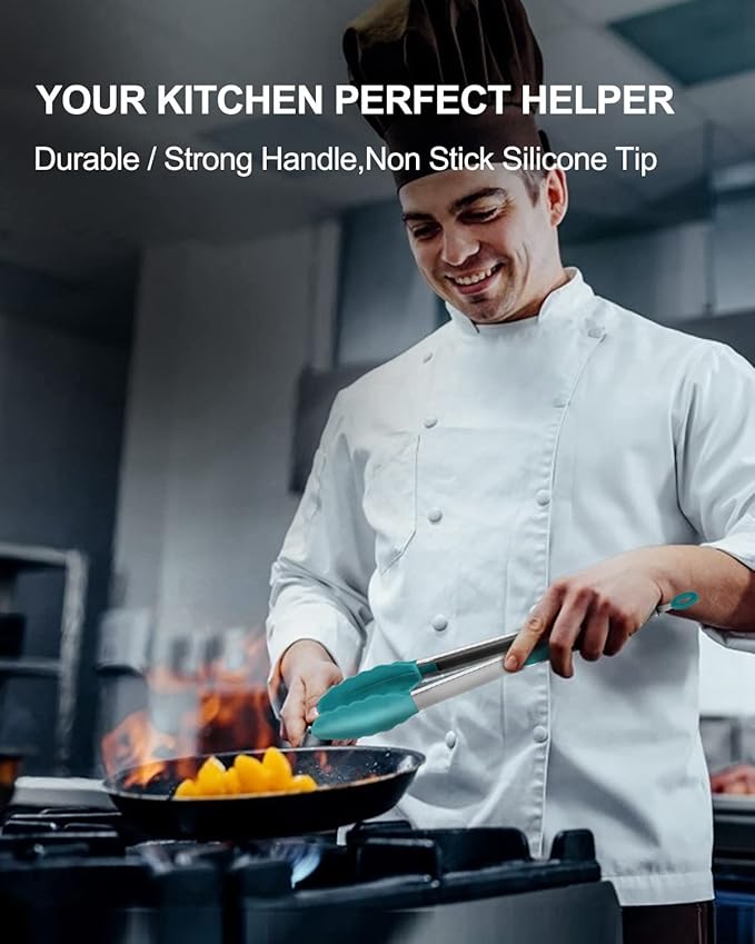 600ºF Heat Resistant Kitchen Tongs, Premium Locking Cooking Tongs with Silicone Tips, Non-Slip Food Tongs for Cooking, Non-Stick, Heavy Duty Stainless Steel Handle, Set of 3-7" 9" and 12" Aqua Sky