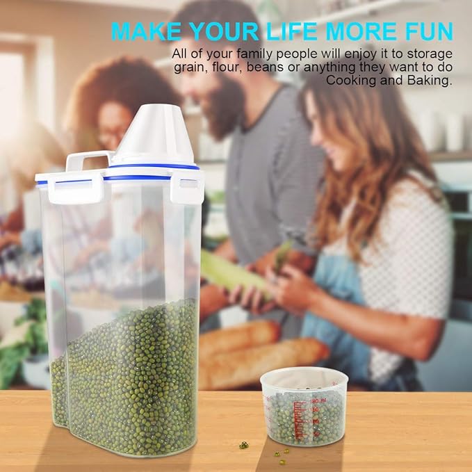 Rice Airtight Dry Food Storage Containers, BPA Free Plastic Sealed Holder Bin Dispenser with Pouring Spout, Measuring Cup for Cereal, Flour and Oatmeal, Include a Stainless Steel Whisk