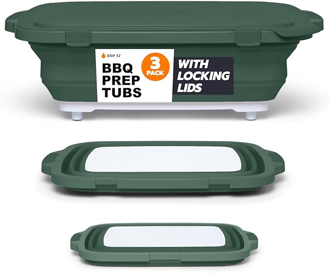 Drip EZ Collapsible BBQ Prep Tubs 3-Piece Set - For Meal Prep Marinating Food Storage - Includes Cutting Board & Lid - (1) JR + (1) OG + (1) XL - Green