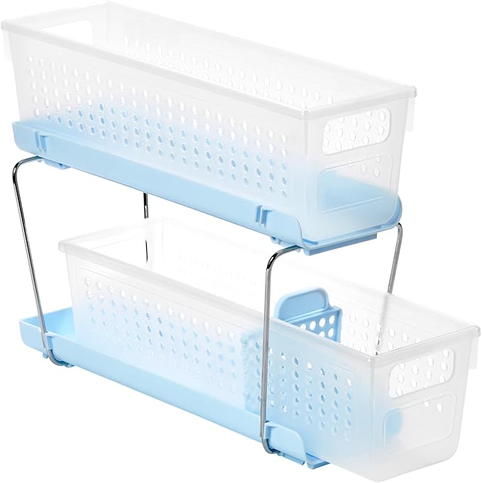 madesmart 2-Tier Plastic Mini Multipurpose Organizer with Divided Slide-Out Storage Bins, Compact Under Sink and Cabinet Organizer Rack, Frost