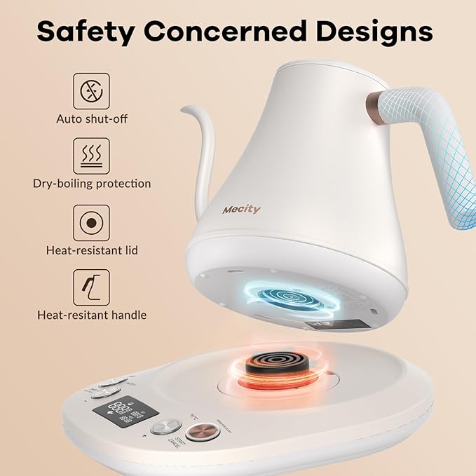 Mecity Electric Gooseneck Kettle With Keep Warm Function & LCD Display Automatic Shut Off Coffee Kettle Temperature Control Pour Over Kettle 1200 Watt, 0.8L, 120V, Off White