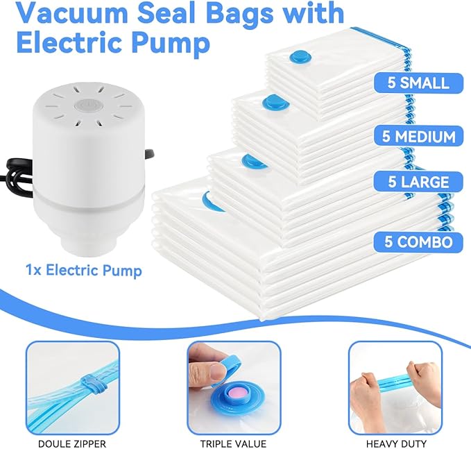 30 Pack Vacuum Storage Bags with Electric Pump, Space Saver Vacuum Storage Bags (5 Jumbo/5 Large/5 Medium/5 Small+10 Roll Up) for Clothes, Travel, Comforters, Blankets, Bedding