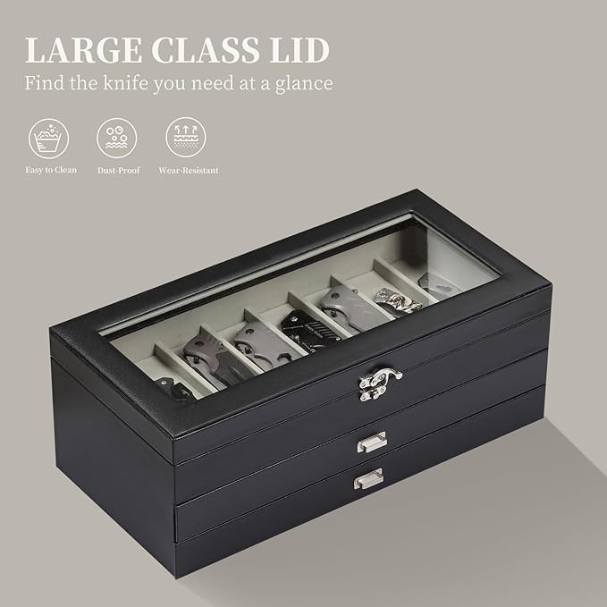AUTOARK 3-Tier PU Leather & Velvet Knife Organizer with 26 Slots,Transparent Glass Top & Drawer,Compact Storage for Pocket Knives,Ideal for Men's Collections & Gifts,Black,MKAW016