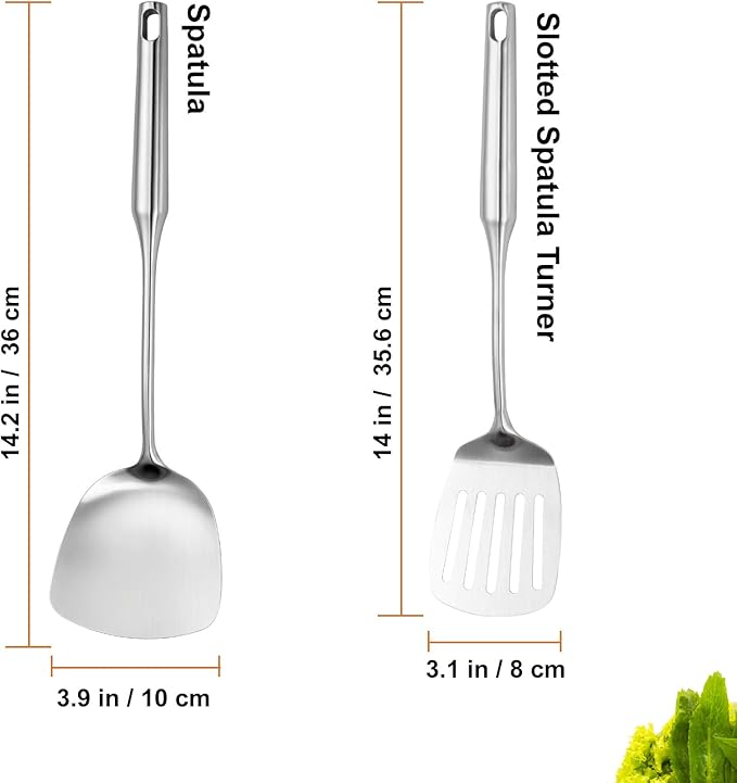 304 Stainless Steel Kitchen Utensils Set, 2 Pcs Long Metal Utensils Set with Spatula, Slotted Spatula Turner (Dishwasher Safe)