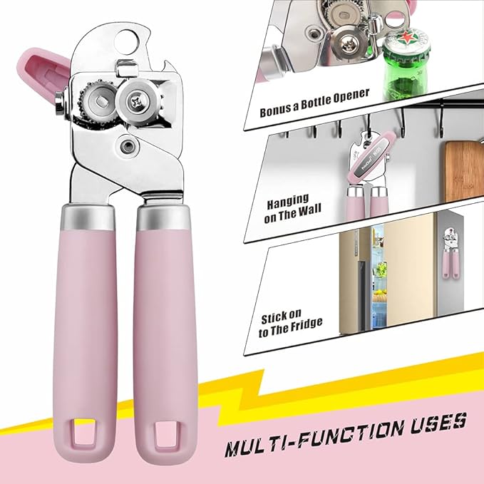 PrinChef Can Opener Manual, Can Tin Bottle Opener with Magnet - No-Trouble-Lid-Lift, Handheld Can Opener Smooth Edge with Sharp Blade, Heavy Duty and Easy to Use, for Seniors with Arthritis, Pink