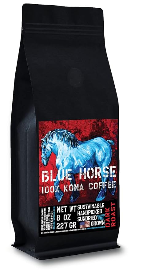 Blue Horse 100% Kona Coffee, Dark Roast, Arabica Whole Beans, 8 oz Bag, Farm Fresh, Authentic Hawaiian Coffee from the Big Island