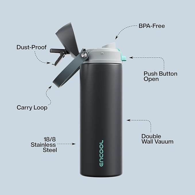 Insulated Water Bottle with Straw - Encool Stainless Steel Water Bottle with Push Button Lid, Leak-Proof & BPA-Free, Keeps Cold for 24 Hours for Sports, Travel, Gym (24 oz, Tuna Grey-Green)