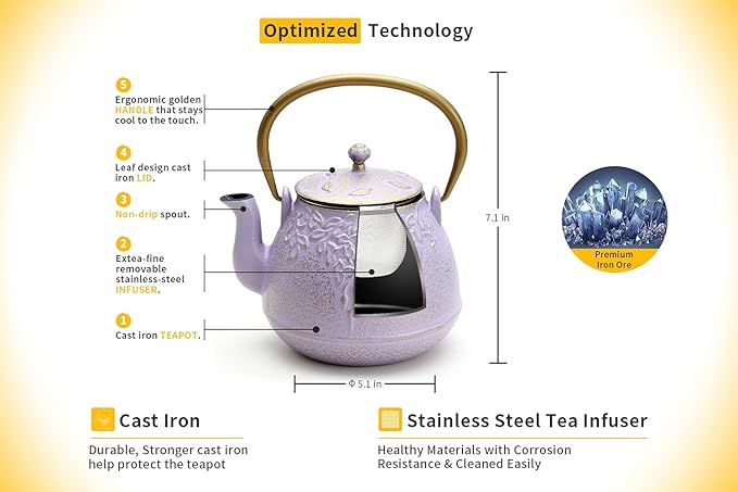 TOPTIER Japanese Cast Iron Tea Kettle with Stainless Steel Infuser, Cast Iron Teapot Stovetop Safe, Leaf Design Teapot Coated with Enameled Interior, 32 Ounce (950 ml), Lilac Purple