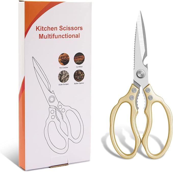 CGBE Kitchen Scissors All Purpose Heavy Duty, Ultra Sharp Stainless Steel Kitchen Shears Dishwasher Safe, Cooking Shears for Chicken, Poultry, Fish, Meat, Herbs & Grapes with Non-Slip Grips - Gold