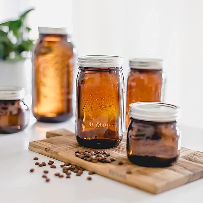 32 oz Wide Mouth Amber Glass Mason Jars (6 Pack) - BPA Free, Air Tight, Leak Resistant - Quart Mason Jars for Canning, Storing Food, Spices, and Meal Prep