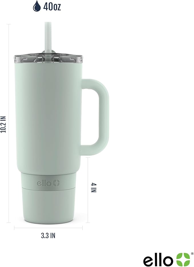 Ello Port 40oz Tumbler with Carry Loop & Integrated Handle, Vacuum Insulated Stainless Steel Reusable Water Bottle, Travel Mug with Leak Proof Lid & Straw, Perfect for Iced Coffee & Tea, Sage