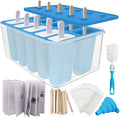Miaowoof Homemade Popsicle Molds, 10-Cav Non-BPA Silicone Ice Pop Maker, with 50 Sticks, 50 Bags, 10 Reusable Sticks, Funnel, Brush and Ice Pop Recipe (Blue+Bin)