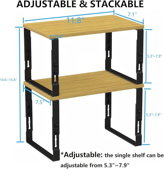 Kitchen Cabinet Organization Shelf，Set of 2 Height Adjustable Storage Racks，Stackable，Expandable，Countertop Shelves Organizer，Pantry Shelving（2PACKS/Medium/Black