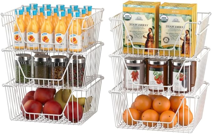 Slideep 14'' Large Metal Wire Storage Organizer Bin Basket Farmhouse Decor Stackable Storage Organizer for Pantry Home Bathroom Kitchen Organization White - 6 Pack
